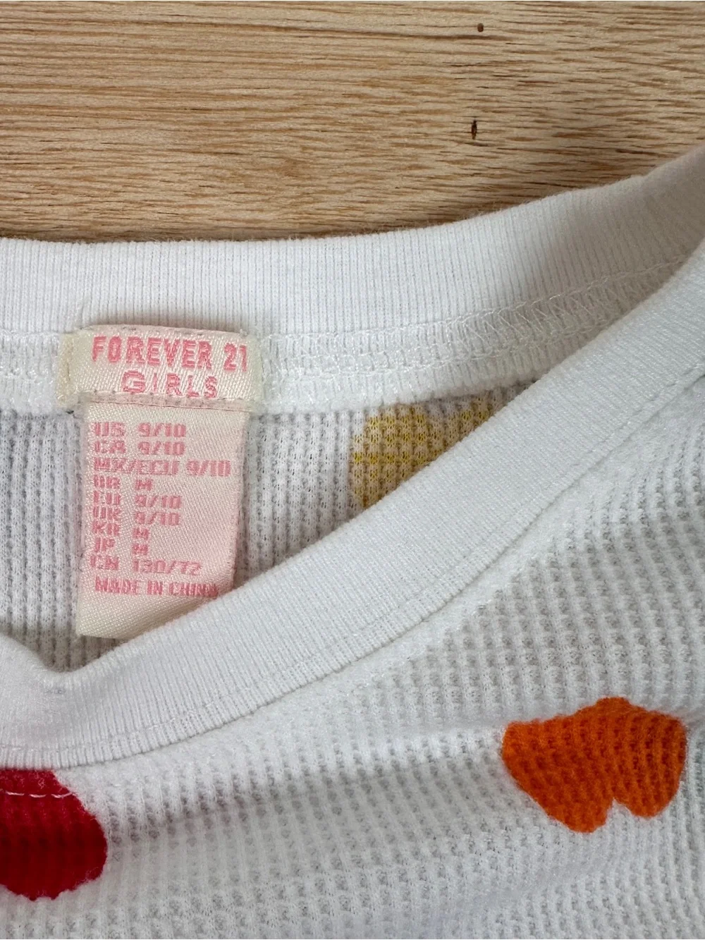 Forever 21 White Long Sleeve Waffle Knit Top Rainbow Heart Print
